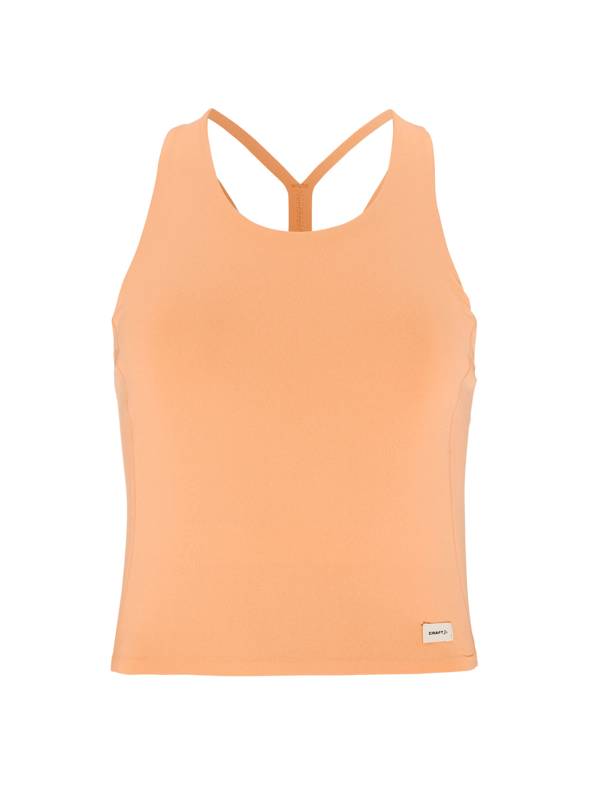 Kurz geschnittenes, körpernahes Sport Top in der Farbe Apricot mit hohem Rundhalsausschnitt und breiten Trägern. Am Rücken verlaufen schmale Träger über Kreuz und lassen einen großen Teil des Rückens frei.