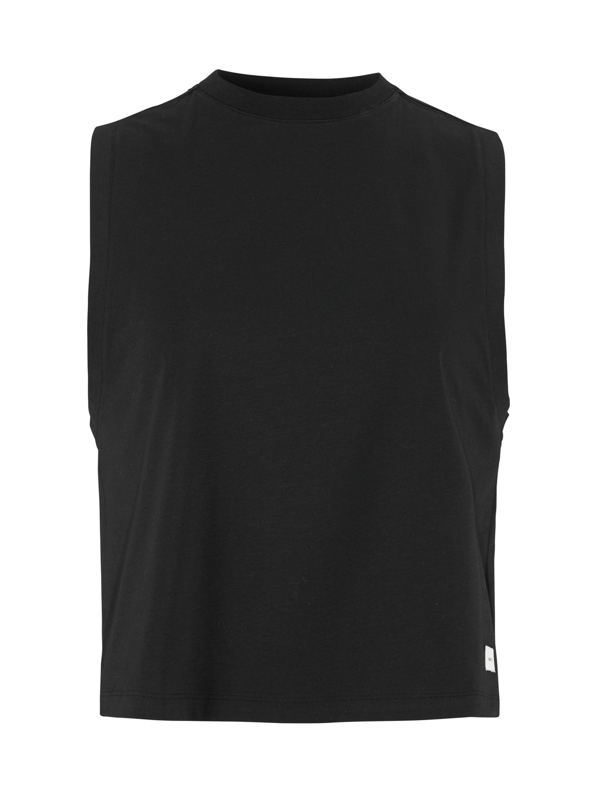 Locker geschnittenes, ärmelloses Sporttop in schwarz mit rundem, hoch angesetztem Halsausschnitt, weit ausgeschnittenen Armlöchern und geradem Saum.