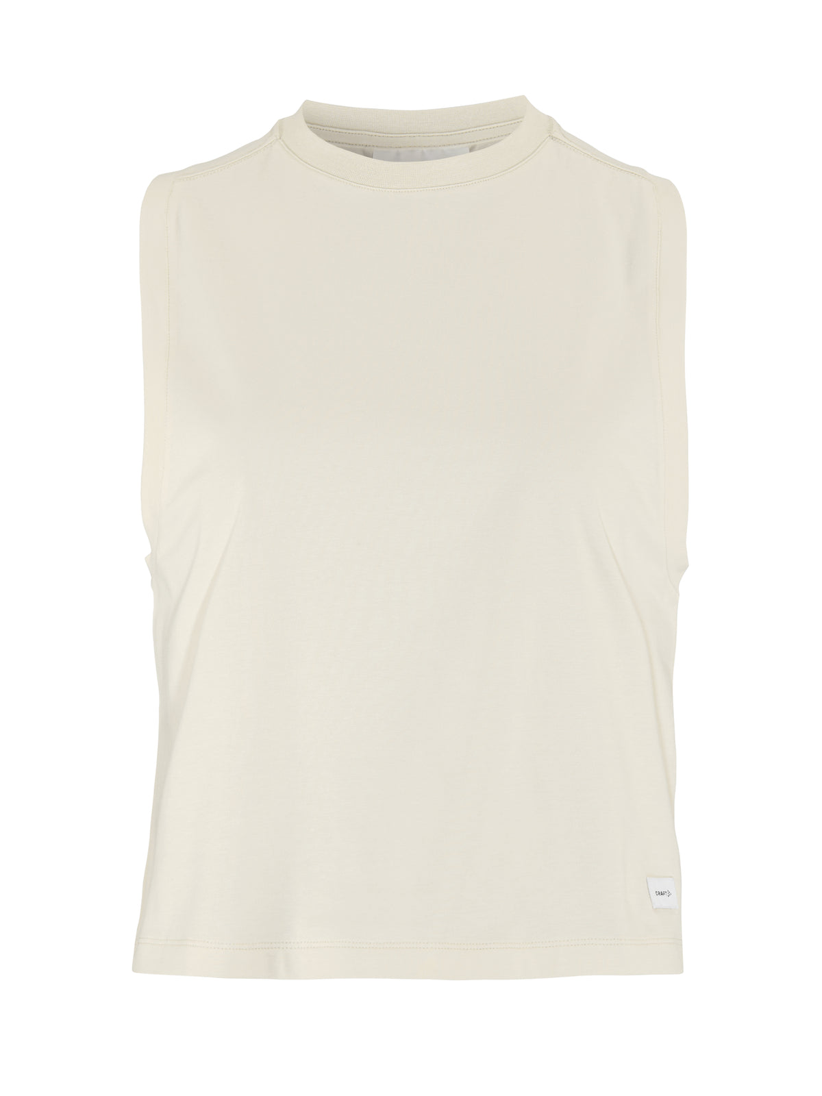 Locker geschnittenes, ärmelloses Sporttop in der Farbe Plaster mit rundem, hoch angesetztem Halsausschnitt, weit ausgeschnittenen Armlöchern und geradem Saum.