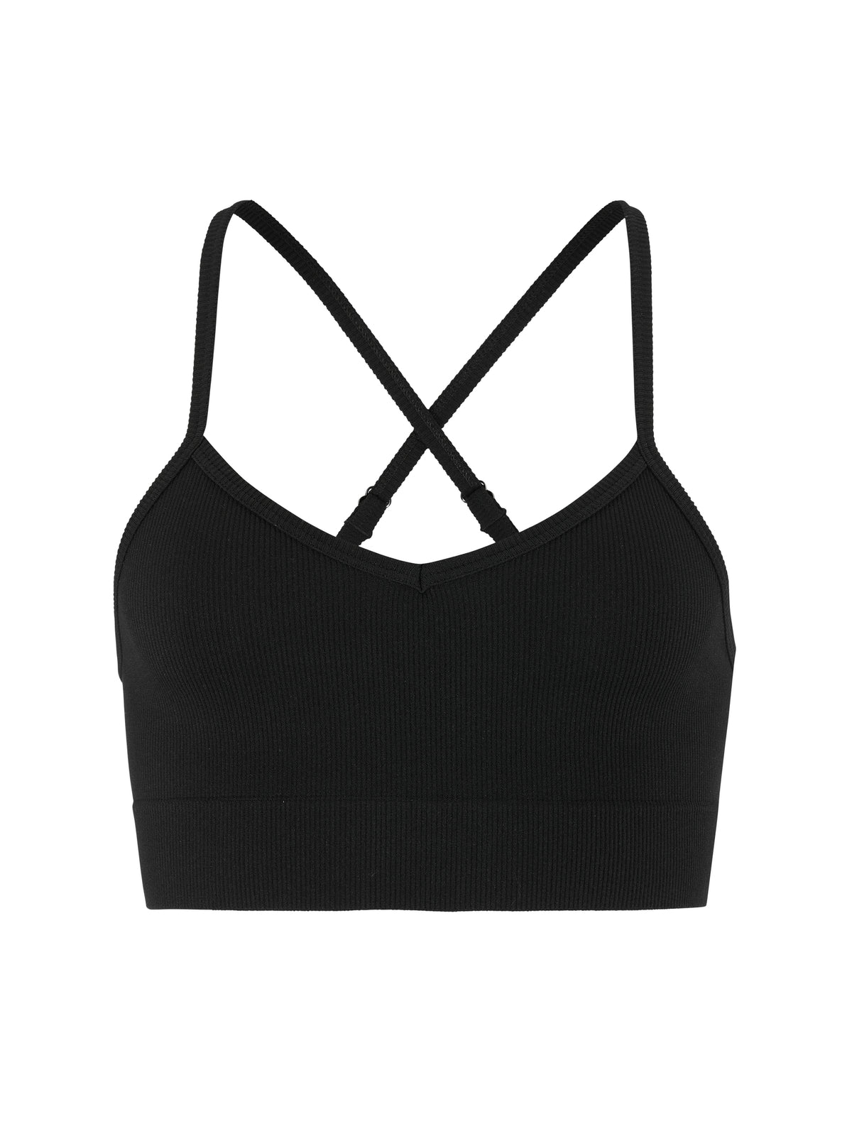 Eng anliegender Sport-BH  in der Farbe schwarz aus geripptem Material mit schmalen Trägern, V-förmigem Ausschnitt und breitem, elastischem Unterbrustband.
