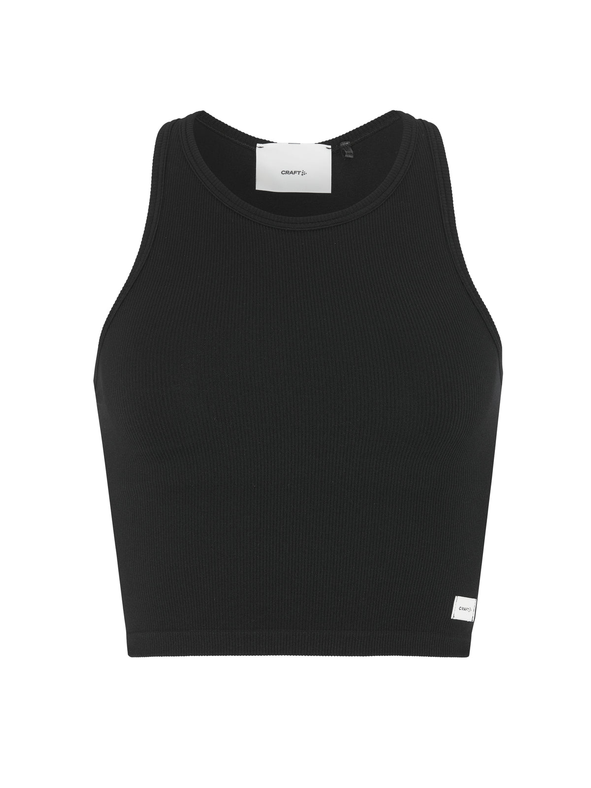 Körpernahes, kurz geschnittenes Rib Tank Top in der Farbe schwarz aus geripptem Material mit breiten Trägern, rundem Halsausschnitt und ärmelloser Form.