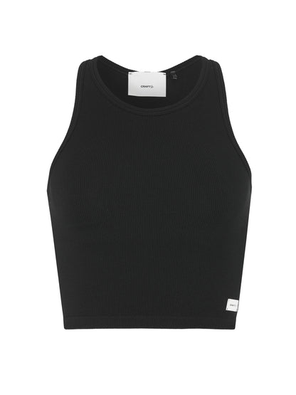 Körpernahes, kurz geschnittenes Rib Tank Top in der Farbe schwarz aus geripptem Material mit breiten Trägern, rundem Halsausschnitt und ärmelloser Form.