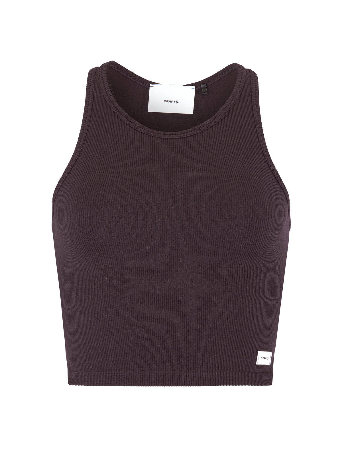 Körpernahes, kurz geschnittenes Rib Tank Top in der Farbe dunkler Pflaume aus geripptem Material mit breiten Trägern, rundem Halsausschnitt und ärmelloser Form.