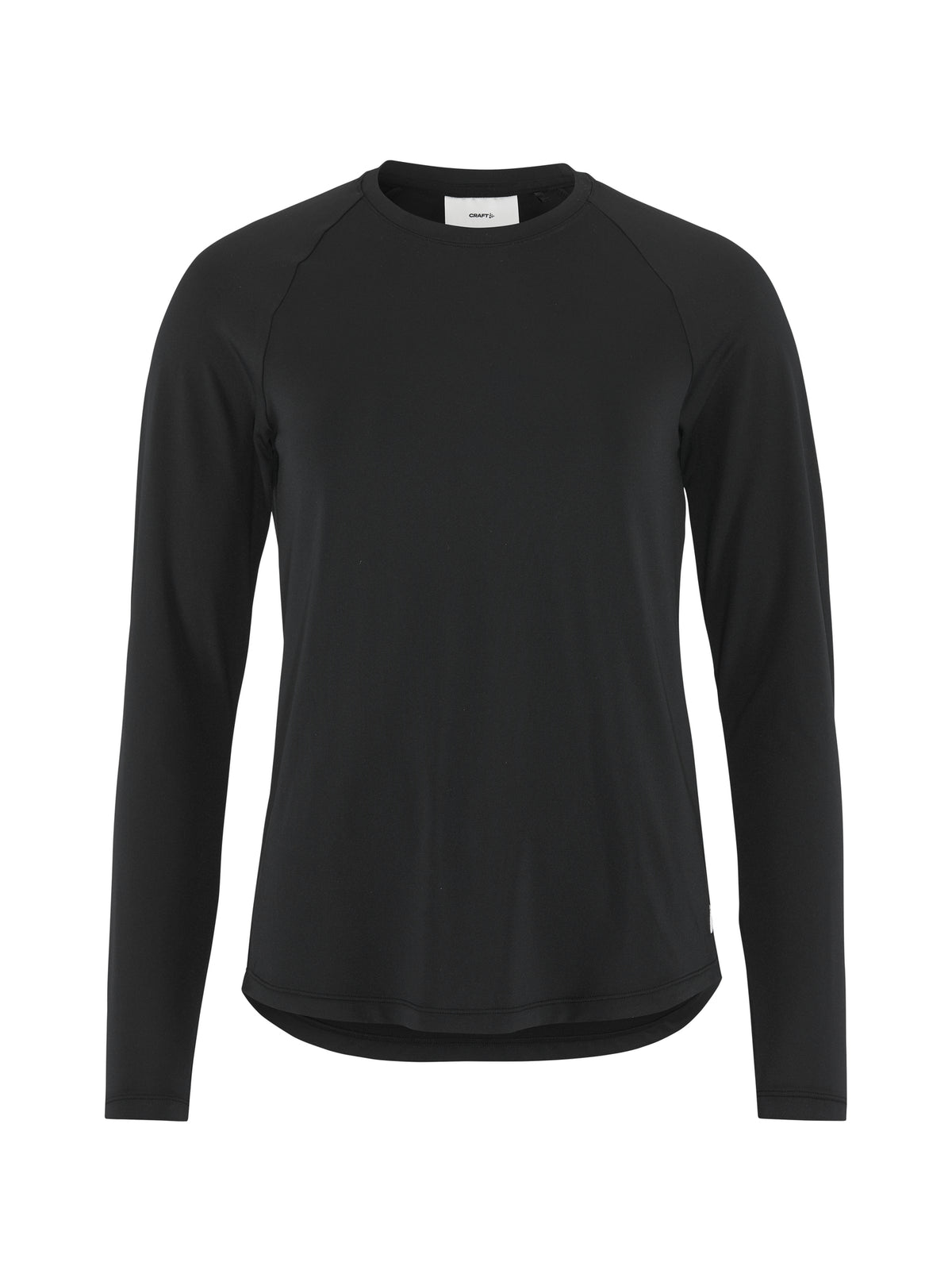 Langärmliges Sportshirt in der Farbe Schwarz mit rundem Halsausschnitt, Raglanärmeln und locker körpernaher Passform. Der Saum ist leicht abgerundet und hinten etwas länger geschnitten.