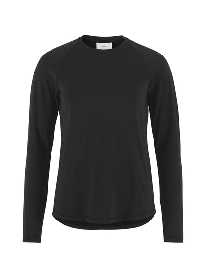 Langärmliges Sportshirt in der Farbe Schwarz mit rundem Halsausschnitt, Raglanärmeln und locker körpernaher Passform. Der Saum ist leicht abgerundet und hinten etwas länger geschnitten.