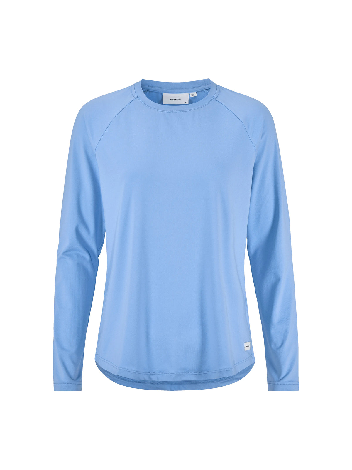 Langärmliges Sportshirt in der Farbe Blue Sky mit rundem Halsausschnitt, Raglanärmeln und locker körpernaher Passform. Der Saum ist leicht abgerundet und hinten etwas länger geschnitten.