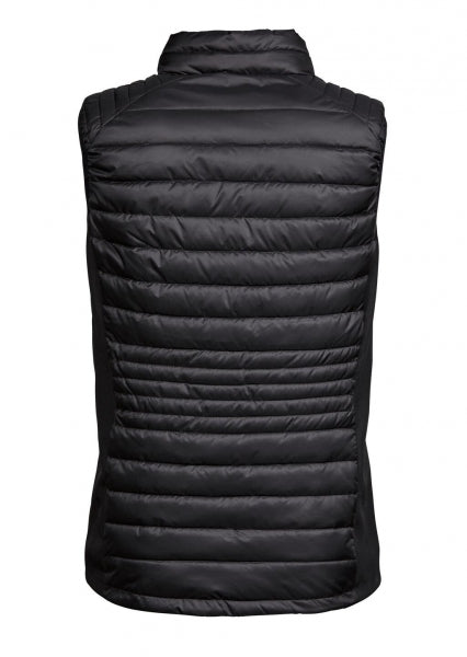 Damen Hooded Crossover Jacke in schwarz mit horizontal gesteppter Vorderseite. Körpernah geschnitten mit Kapuze, hohem Kragen und durchgehendem Frontreißverschluss.