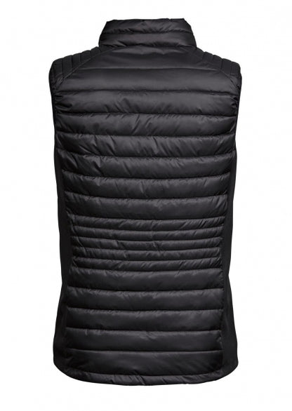 Damen Hooded Crossover Jacke in schwarz mit horizontal gesteppter Vorderseite. Körpernah geschnitten mit Kapuze, hohem Kragen und durchgehendem Frontreißverschluss.