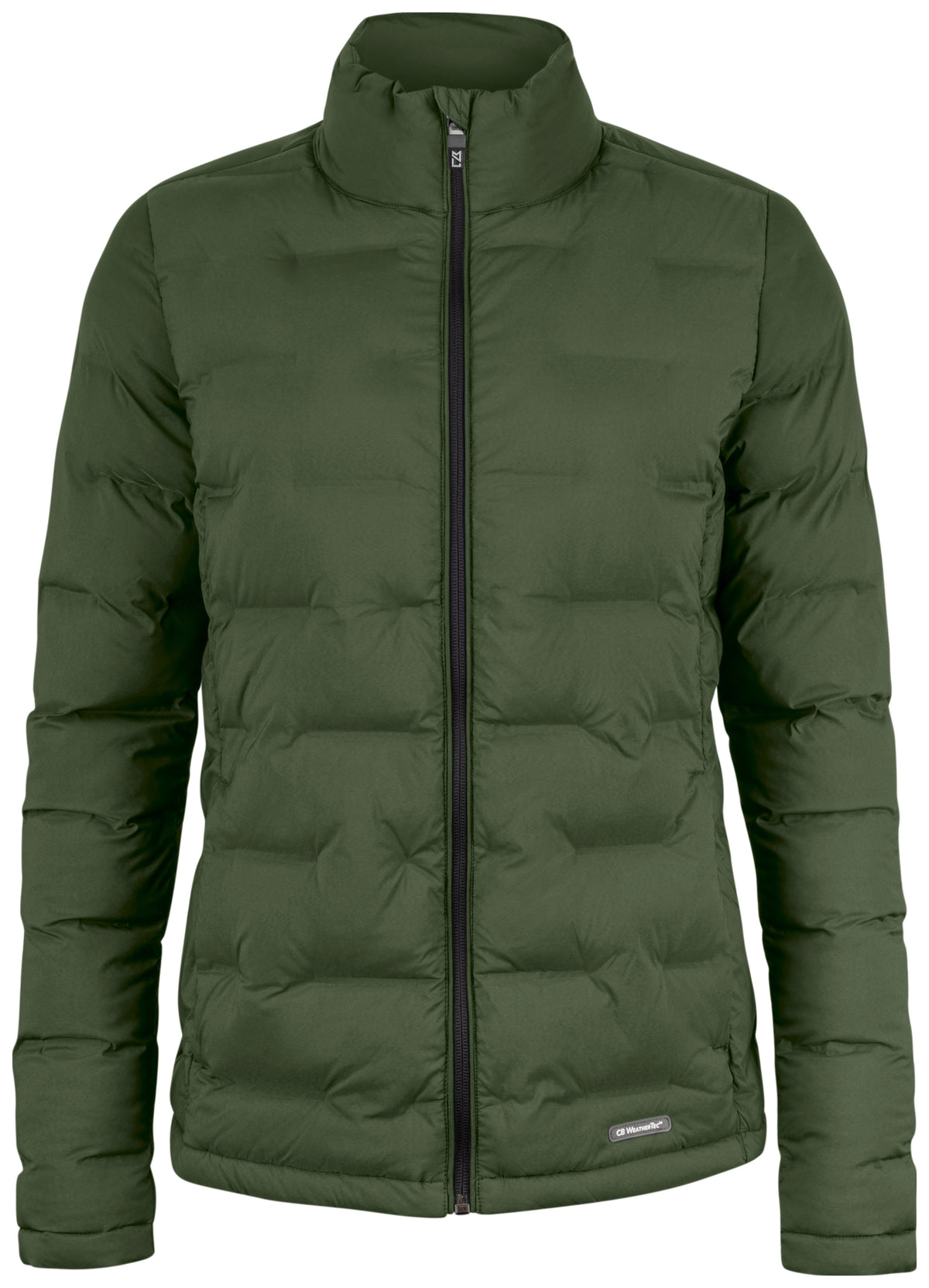 Gesteppte Jacke in Icy Green mit hohem Stehkragen und unterschiedlich großen, rechteckigen Steppkammern. Die körpernahe Form verläuft gerade bis zur Hüfte.