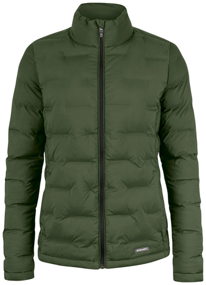 Gesteppte Jacke in Icy Green mit hohem Stehkragen und unterschiedlich großen, rechteckigen Steppkammern. Die körpernahe Form verläuft gerade bis zur Hüfte.
