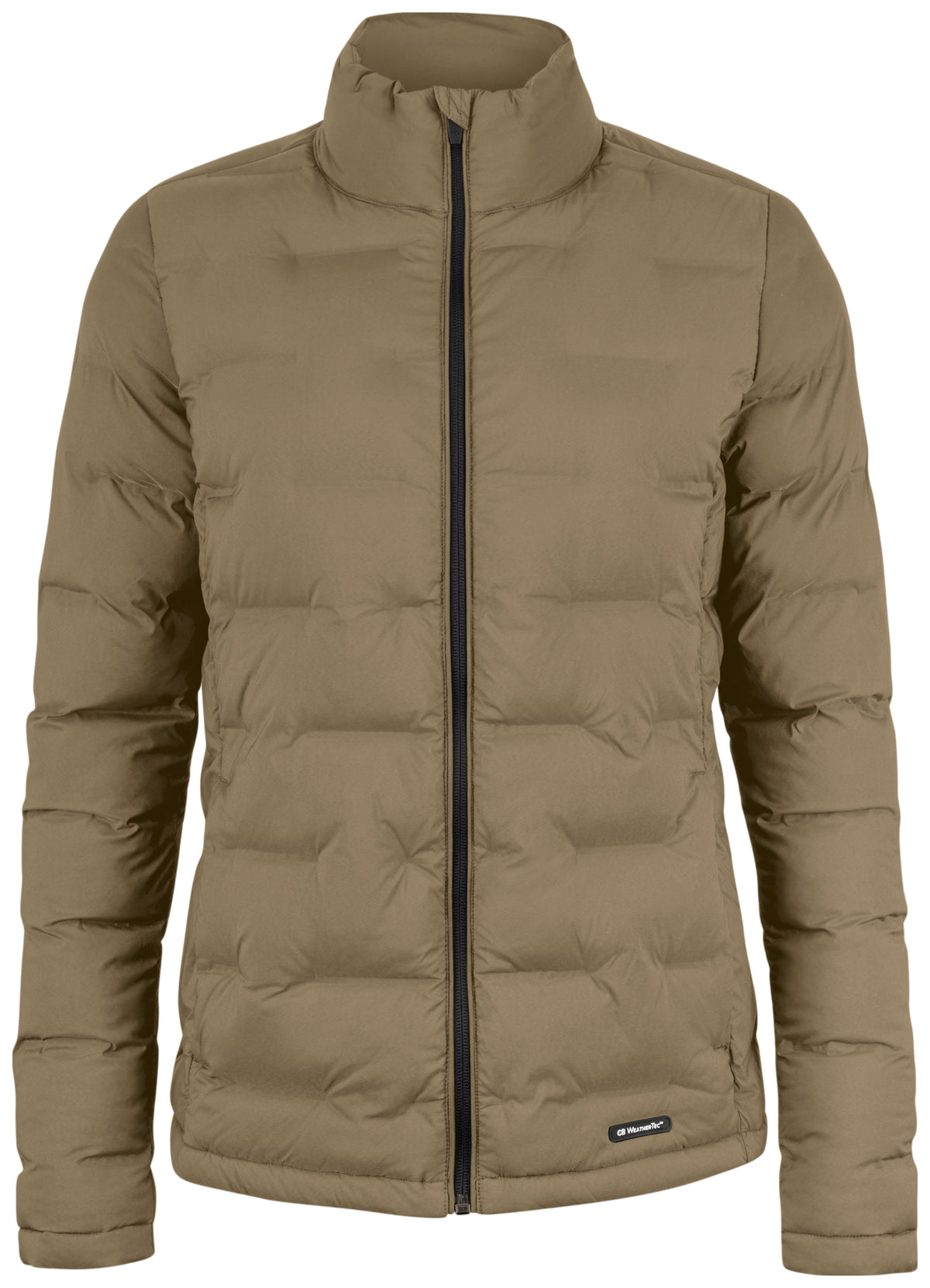 Gesteppte Jacke in Khaki mit hohem Stehkragen und unterschiedlich großen, rechteckigen Steppkammern. Die körpernahe Form verläuft gerade bis zur Hüfte.