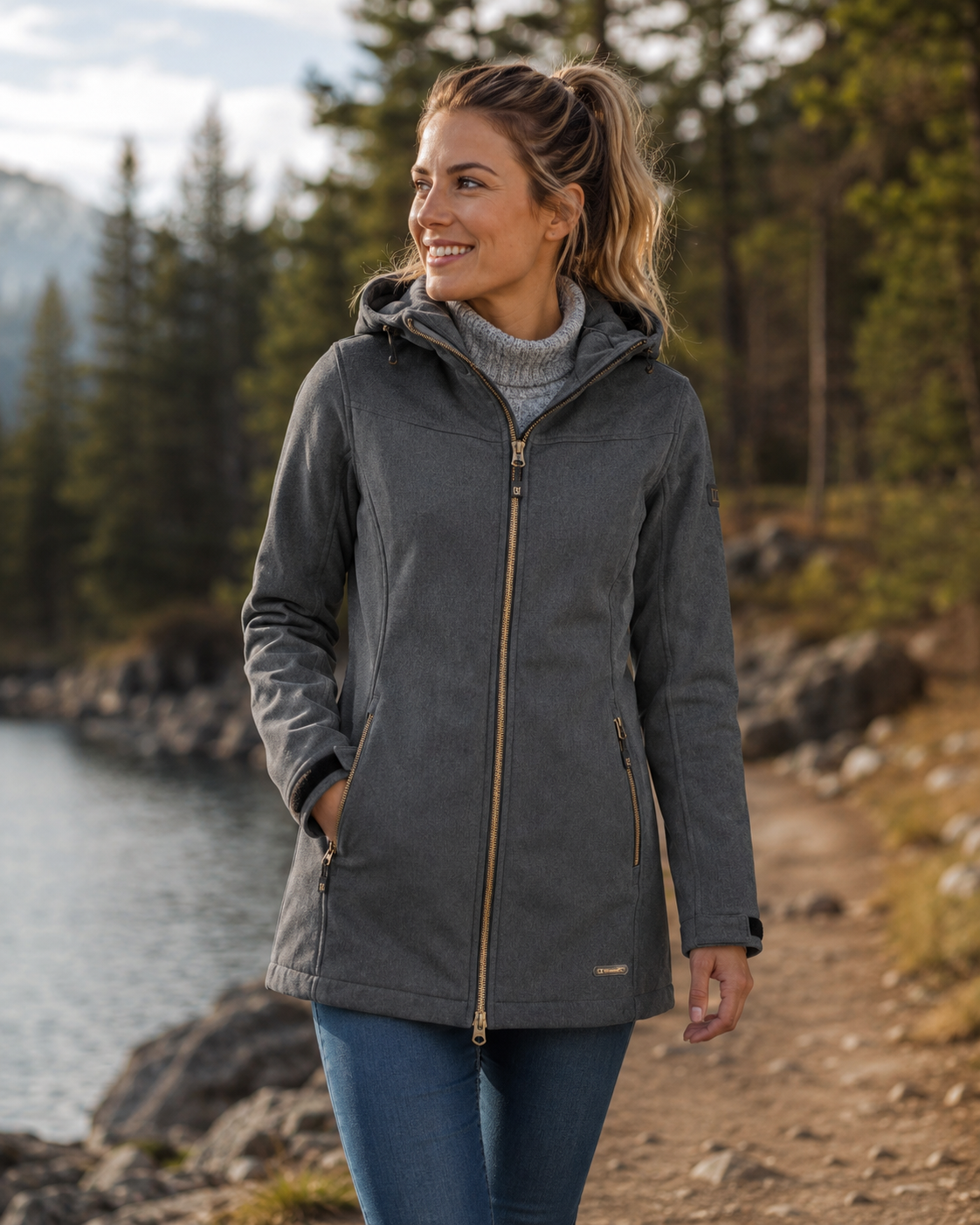 Länger geschnittene Softshelljacke für Damen mit leicht taillierter Form, Kapuze und hohem Kragen. Geschwungene Teilungsnähte verlaufen von der Brust entlang der Seiten und betonen die Form der Jacke.