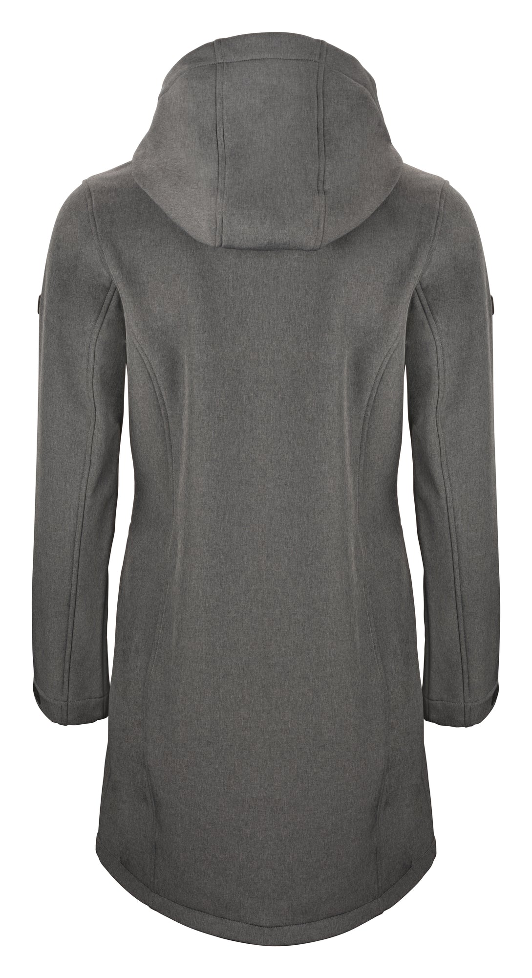 Länger geschnittene Softshelljacke für Damen mit leicht taillierter Form, Kapuze und hohem Kragen. Geschwungene Teilungsnähte verlaufen von der Brust entlang der Seiten und betonen die Form der Jacke.