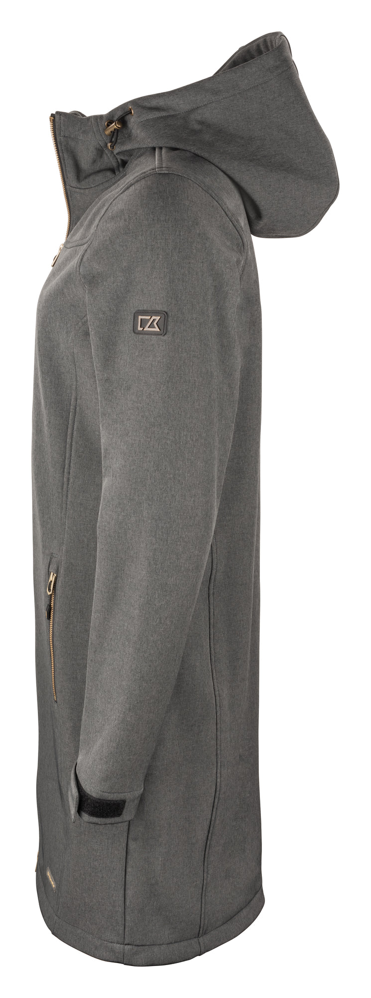 Länger geschnittene Softshelljacke für Damen mit leicht taillierter Form, Kapuze und hohem Kragen. Geschwungene Teilungsnähte verlaufen von der Brust entlang der Seiten und betonen die Form der Jacke.