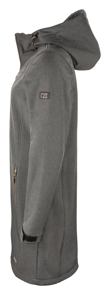 Länger geschnittene Softshelljacke für Damen mit leicht taillierter Form, Kapuze und hohem Kragen. Geschwungene Teilungsnähte verlaufen von der Brust entlang der Seiten und betonen die Form der Jacke.