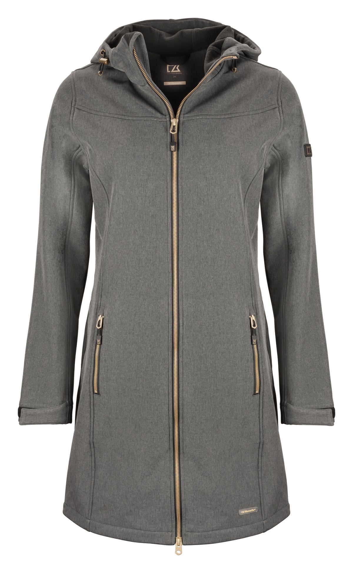 Länger geschnittene Softshelljacke für Damen mit leicht taillierter Form, Kapuze und hohem Kragen. Geschwungene Teilungsnähte verlaufen von der Brust entlang der Seiten und betonen die Form der Jacke.