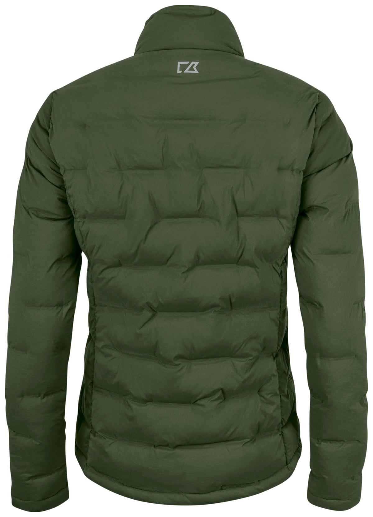 Gesteppte Jacke in Icy Green mit hohem Stehkragen und unterschiedlich großen, rechteckigen Steppkammern. Die körpernahe Form verläuft gerade bis zur Hüfte.