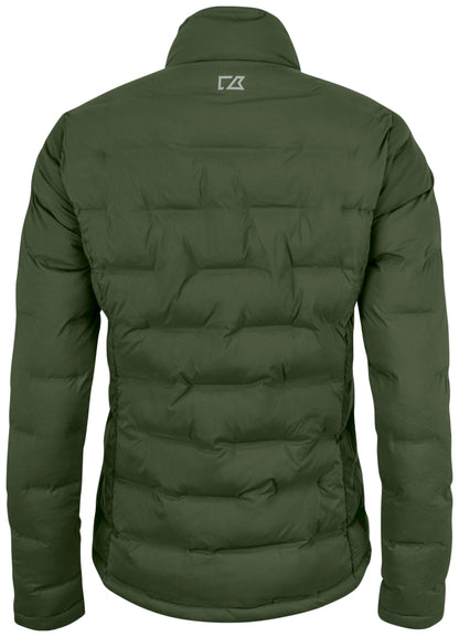 Gesteppte Jacke in Icy Green mit hohem Stehkragen und unterschiedlich großen, rechteckigen Steppkammern. Die körpernahe Form verläuft gerade bis zur Hüfte.