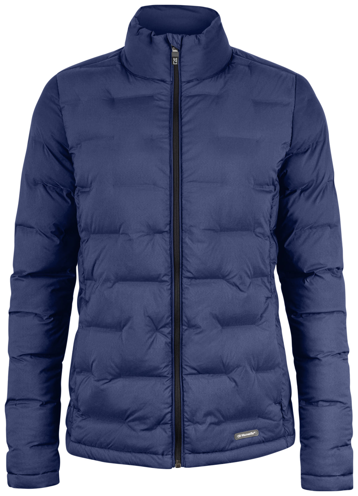 Gesteppte Jacke in dunkelblau mit hohem Stehkragen und unterschiedlich großen, rechteckigen Steppkammern. Die körpernahe Form verläuft gerade bis zur Hüfte.