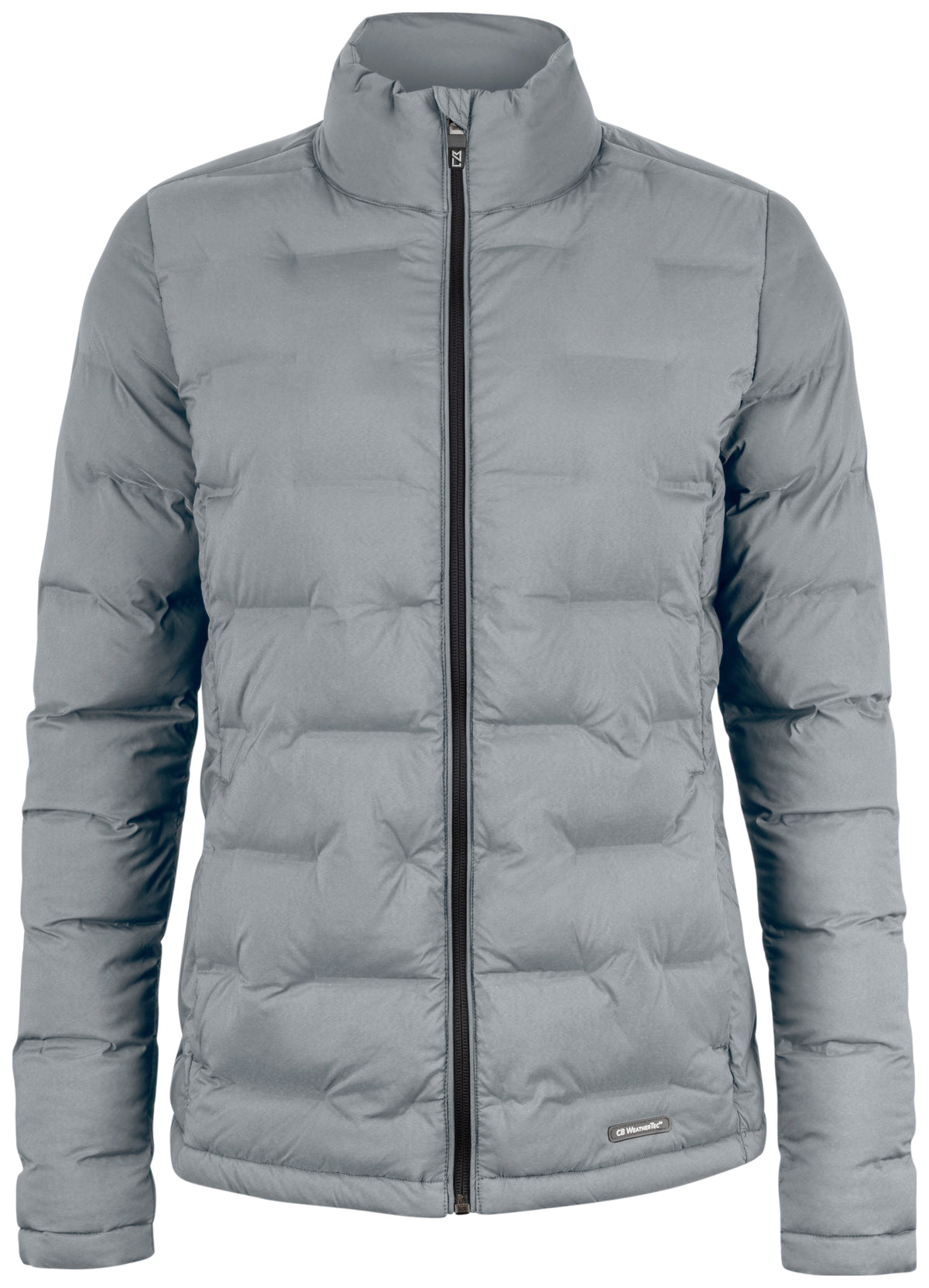 Gesteppte Jacke in grau mit hohem Stehkragen und unterschiedlich großen, rechteckigen Steppkammern. Die körpernahe Form verläuft gerade bis zur Hüfte.
