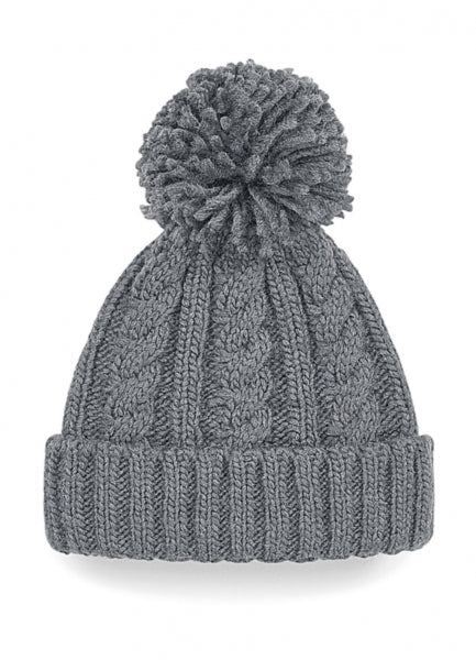 Damen Strickmütze mit Bommel in der Farbe Heather mit breitem Umschlag und strukturiertem Strickmuster.