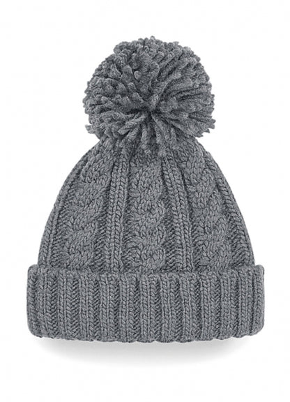 Damen Strickmütze mit Bommel in der Farbe Heather mit breitem Umschlag und strukturiertem Strickmuster.