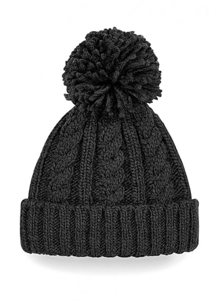 Damen Strickmütze mit Bommel in der Farbe schwarz mit breitem Umschlag und strukturiertem Strickmuster.