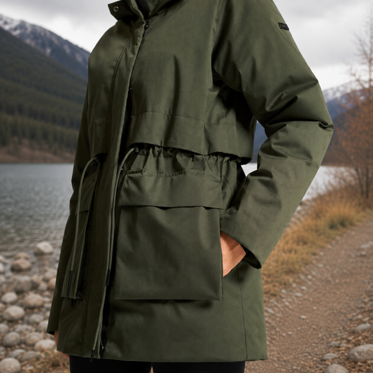 Damen Winterparka in chimera mit Kapuze, hochschließendem Kragen und regulierbarer Taille. Längerer Schnitt mit großen Pattentaschen und dezenten funktionalen Details.