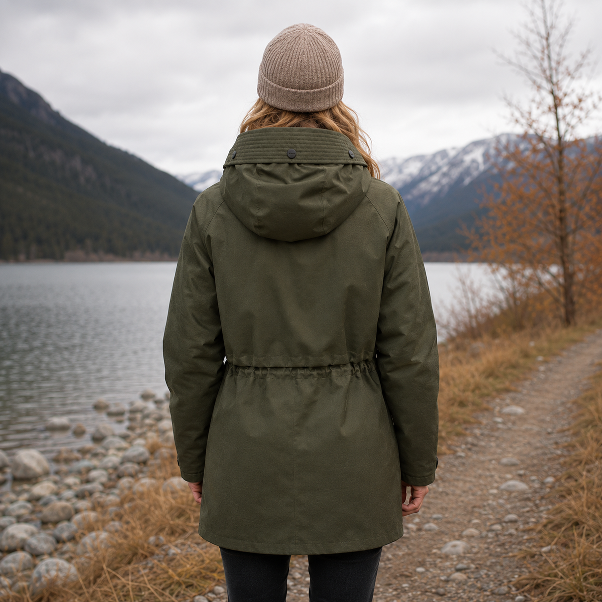 Damen Winterparka in chimera mit Kapuze, hochschließendem Kragen und regulierbarer Taille. Längerer Schnitt mit großen Pattentaschen und dezenten funktionalen Details.