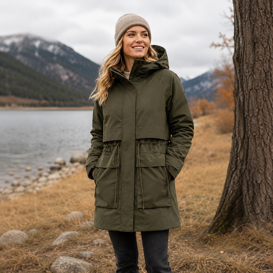 Damen Winterparka in chimera mit Kapuze, hochschließendem Kragen und regulierbarer Taille. Längerer Schnitt mit großen Pattentaschen und dezenten funktionalen Details.