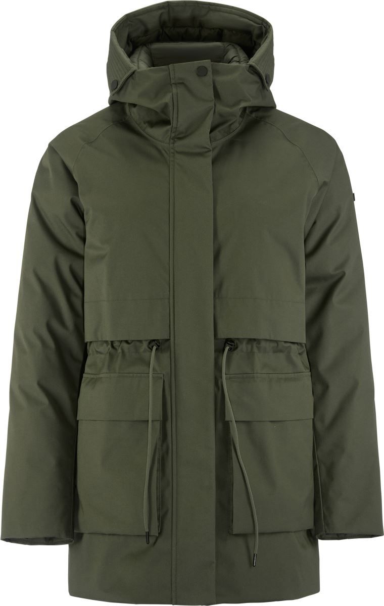 Damen Winterparka in chimera mit Kapuze, hochschließendem Kragen und regulierbarer Taille. Längerer Schnitt mit großen Pattentaschen und dezenten funktionalen Details.