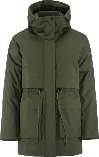 Damen Winterparka in chimera mit Kapuze, hochschließendem Kragen und regulierbarer Taille. Längerer Schnitt mit großen Pattentaschen und dezenten funktionalen Details.