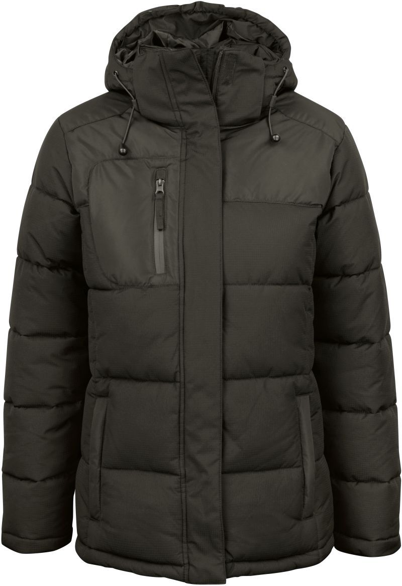 Damen Colorado Winterjacke in Dunkelgrün mit horizontaler Steppung und hüftlangem Schnitt. Die Jacke hat eine Kapuze, einen durchgehenden Frontreißverschluss und zwei seitliche Eingriff Taschen.