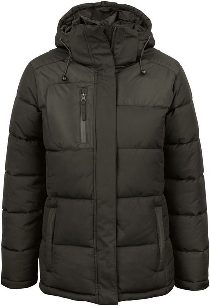 Damen Colorado Winterjacke in Dunkelgrün mit horizontaler Steppung und hüftlangem Schnitt. Die Jacke hat eine Kapuze, einen durchgehenden Frontreißverschluss und zwei seitliche Eingriff Taschen.