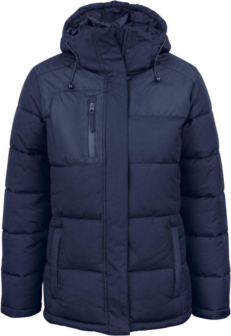 Damen Colorado Winterjacke in Dunkelblau mit horizontaler Steppung und hüftlangem Schnitt. Die Jacke hat eine Kapuze, einen durchgehenden Frontreißverschluss und zwei seitliche Eingriff Taschen.