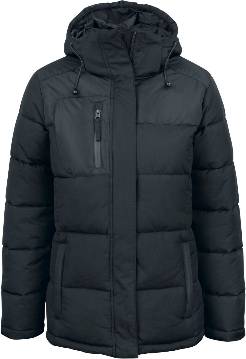 Damen Colorado Winterjacke in Schwarz mit horizontaler Steppung und hüftlangem Schnitt. Die Jacke hat eine Kapuze, einen durchgehenden Frontreißverschluss und zwei seitliche Eingriff Taschen.