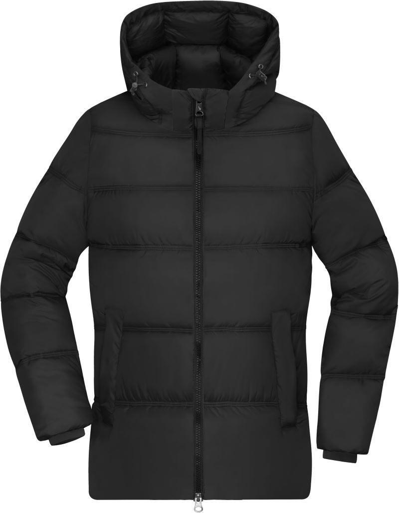 Damen Pufferjacke in Schwarz mit gleichmäßiger horizontaler Steppung und voluminöser Wattierung. Hüftlanger Schnitt mit Kapuze, hochschließendem Kragen, durchgehendem Frontreißverschluss und seitlichen Eingriff Taschen.