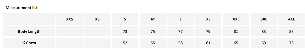 Größentabelle für Herren mit Maßangaben zur Auswahl der passenden Größe.