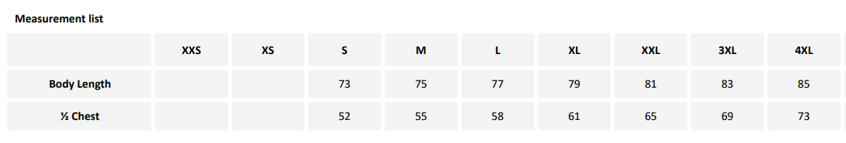 Größentabelle für Herren mit Maßangaben zur Auswahl der passenden Größe.