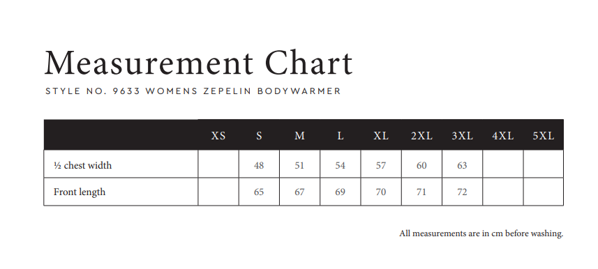 Größentabelle für Damen mit Maßangaben zur Auswahl der passenden Größe.