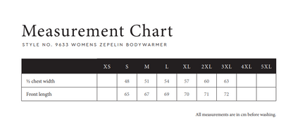 Größentabelle für Damen mit Maßangaben zur Auswahl der passenden Größe.