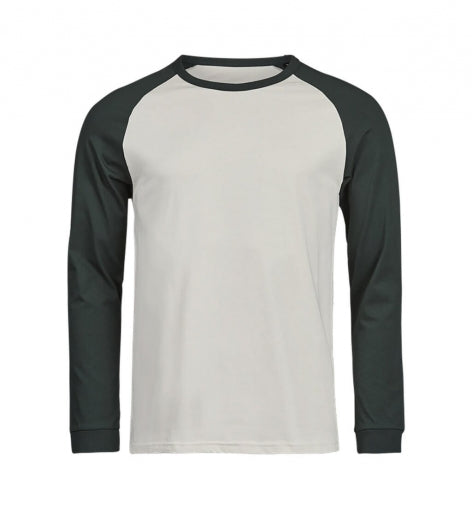 Herren Baseball Shirt in Cement und Deep Green mit kontrastierenden Raglanärmeln und lässige Passform. 