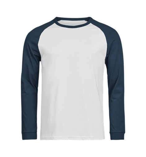Herren Baseball Shirt in Weiß und Ink mit kontrastierenden Raglanärmeln und lässige Passform. 