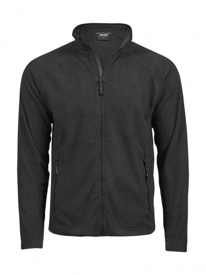 Schwarze Fleecejacke mit körpernahem, geradem Schnitt und leicht strukturierter Oberfläche. Die hüftlange Jacke hat einen aufgestellten Kragen, schmale lange Ärmel und zwei seitliche Reißverschlusstaschen. Dezente dunkle Einfassungen an Kragen, Reißverschluss und Taschen unterstreichen das schlichte, sportliche Design.
