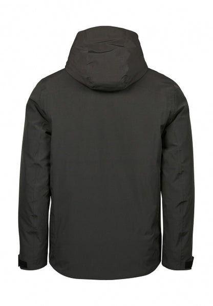 Eine Herren All  Weather Winter Jacke mit Kapuze  in  Asphalt mit geradem, längerem Schnitt bis über die Hüfte. Schlichtes Design mit hochstehendem Kragen, verdecktem Frontreißverschluss und zwei seitlichen Reißverschlusstaschen.