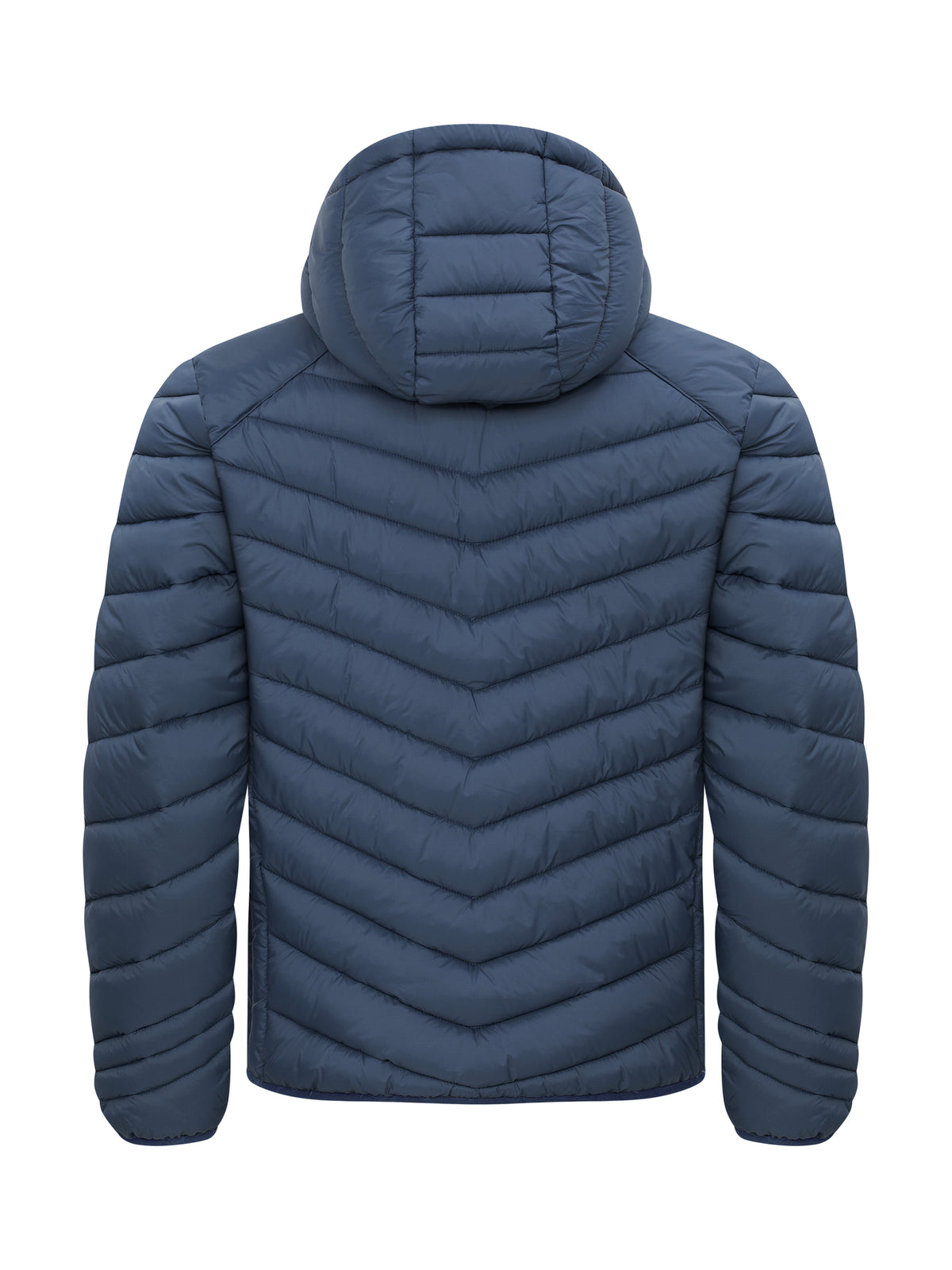 Eine Hüftlange Herrenjacke in Fog Blue mit Kapuze, hohem Kragen und langen Ärmeln. Die schmale Steppung verleiht der Jacke eine gleichmäßige Struktur und einen sportlichen Charakter