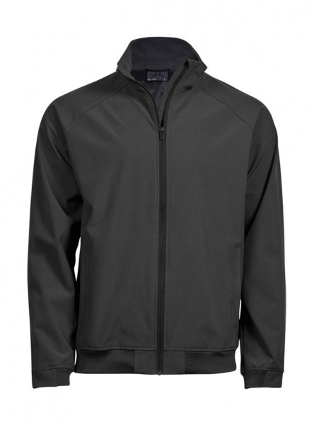 Graue Herren-Clubjacke in sportlich-eleganter Optik mit glatter Oberfläche, leicht tailliertem Schnitt, hochstellbarem Kragen, verdeckten Seitentaschen und schwarzem Frontreißverschluss.