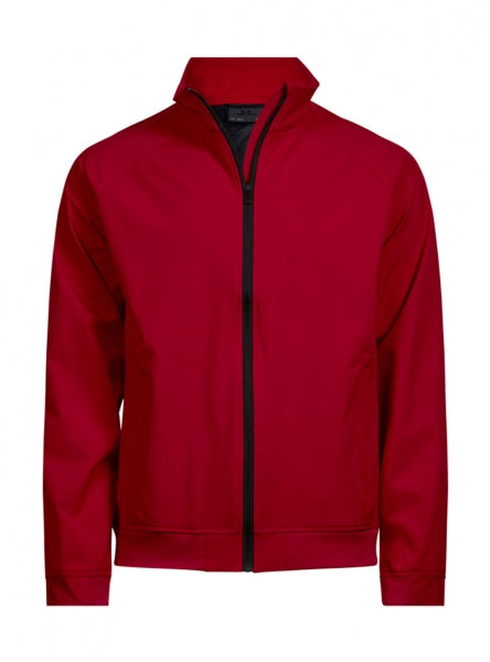 Rote Herren-Clubjacke in sportlich-eleganter Optik mit glatter Oberfläche, leicht tailliertem Schnitt, hochstellbarem Kragen, verdeckten Seitentaschen und schwarzem Frontreißverschluss.