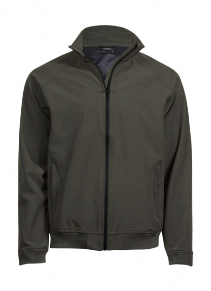Tiefes Grün Herren-Clubjacke in sportlich-eleganter Optik mit glatter Oberfläche, leicht tailliertem Schnitt, hochstellbarem Kragen, verdeckten Seitentaschen und schwarzem Frontreißverschluss.