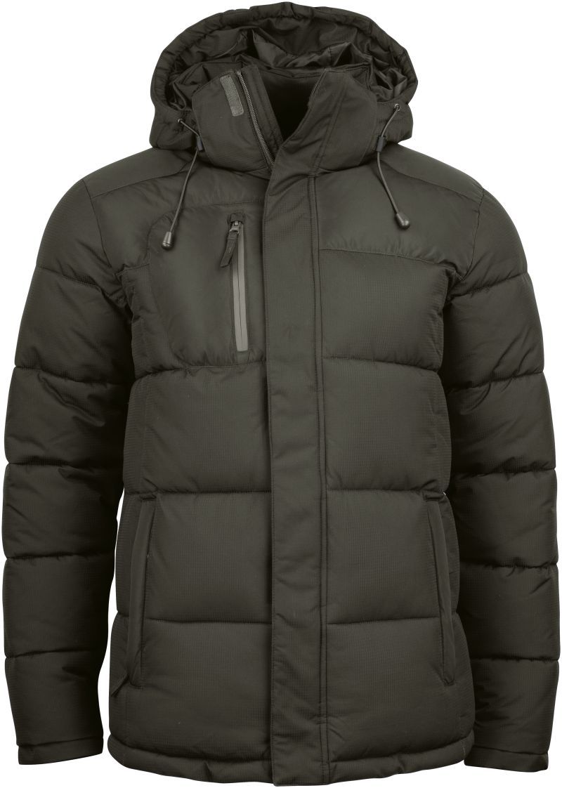 Herren Colorado Winterjacke in Dark Grey mit horizontaler Steppung und hüftlangem Schnitt. Die Jacke hat eine Kapuze, einen durchgehenden Frontreißverschluss und zwei seitliche Eingriff Taschen.